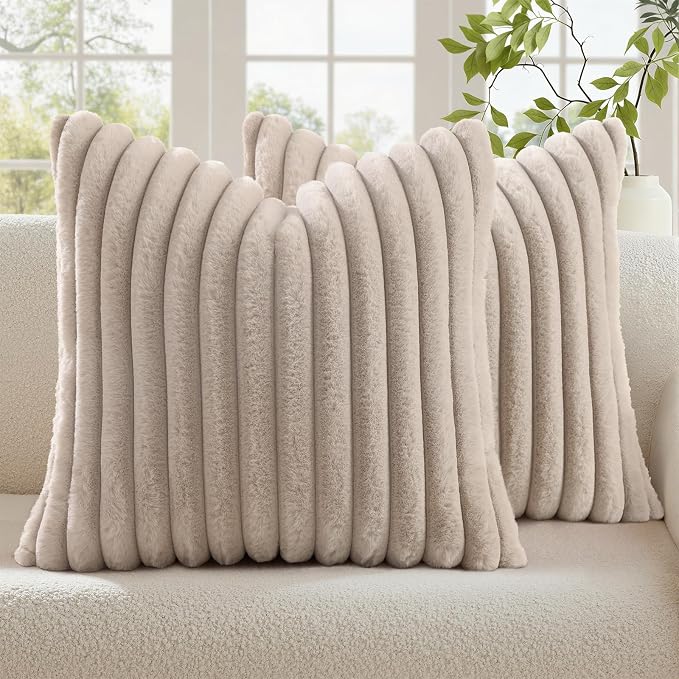 decorUhome Fall Faux Fur Throw Pillow Covers 26x26 Set of 2 Tan | Decorative by decorUhome