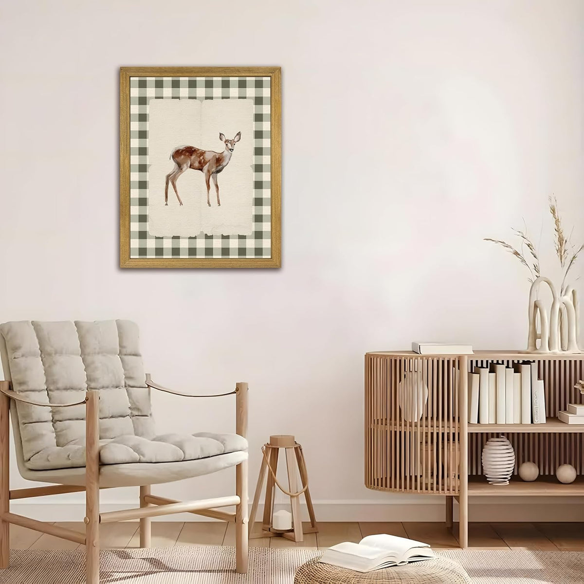 Wood Framed Deer Wall Art Print, Woodland Baby Deer Canvas Poster Wall Decor, Vintage Rustic Green Gingham Farmhouse Animal Picture for Living Room Kitchen Bedroom Nursery Decor, 16x24 inch