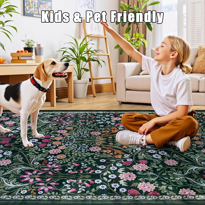 PLHXFR 2x5 Washable Runner Rug：Floral Indoor Kitchen Carpet Dark Green | - Image 7