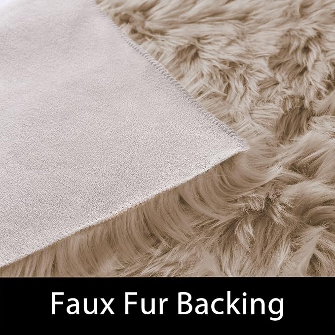 Latepis Round Rug 6.7ft Light Brown Beige Faux Fur Circle Rugs Washable Shag - Image 3