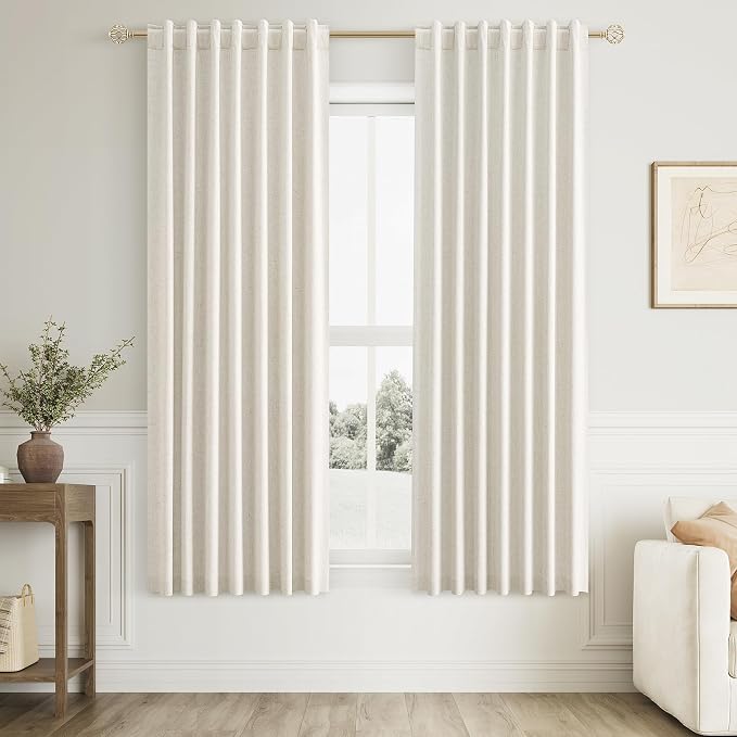100% Blackout Linen Curtains for Bedroom 60 Inches Long Natural Cream Black Out by Guken