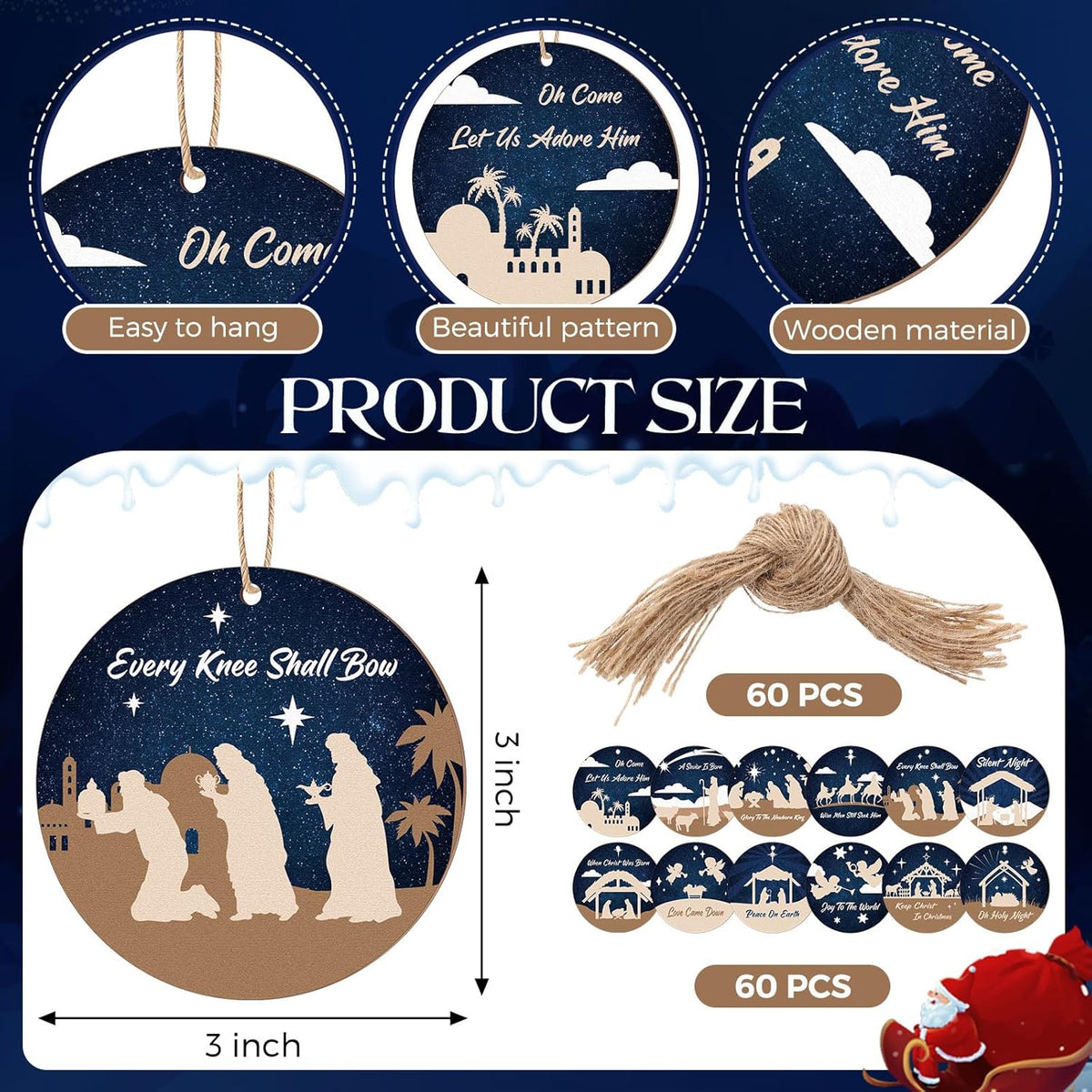 Soaoo 60 Pcs Nativity Scene Christmas Tree Ornament Christian Religious Ornaments Bulk Round Nativity Xmas Tree Hanging Wooden Decorations for Garden Yard Outdoor Home(Classic Style)