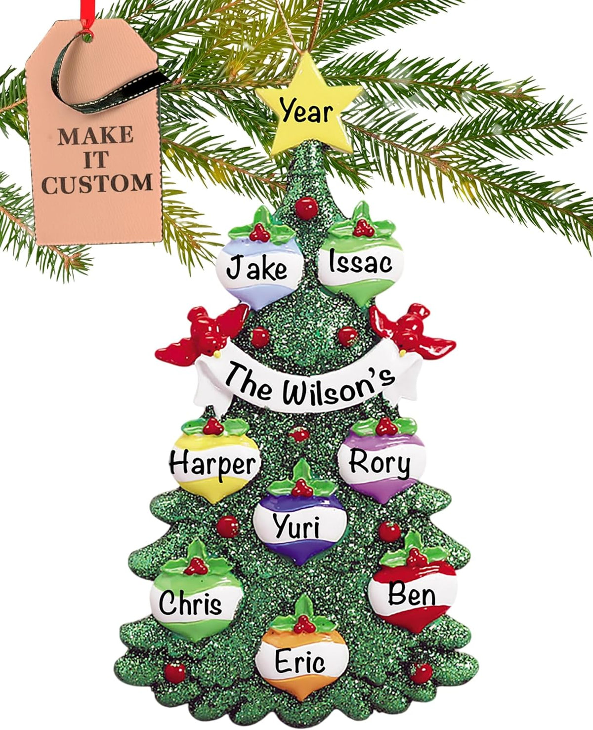 Personalized Large Family of 8 Ornament 2025 | Free 24h Customization | Christmas Ornaments for Tree | Custom Gift Wrapped Green Glitter Keepsake for Eight Persons