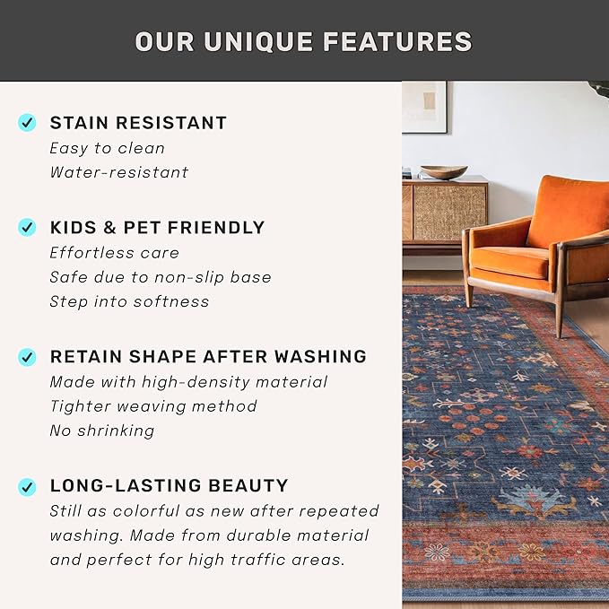 Washable Navy Blue Living Room Rug, 7x10 Area Rug - Image 7