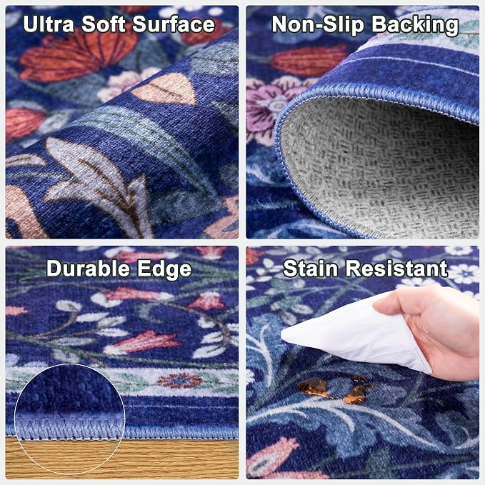 PLHXFR 3x10 Washable Runner Rug：Floral Indoor Kitchen Soft Carpet Blue | - Image 7