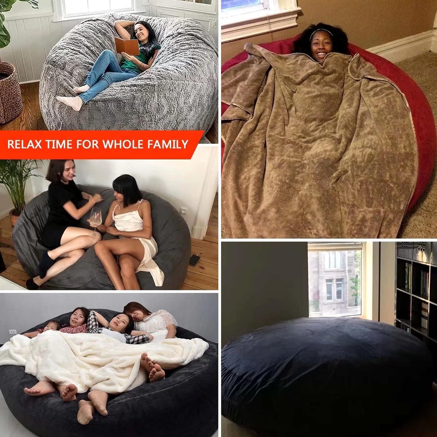Big Huge Giant Bean Bag Chair for Adults, (No Filler) Bean Bag Chairs in Multiple Sizes and Colors Giant Foam-Filling Required- Machine Washable Covers, Double Stitched Seams (Snow Black,7FT)