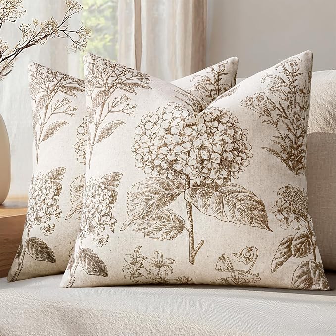 Set of 2 Euro Floral Pillow Covers 24x24 Inch Light Brown | Decorative Neutral by SWANCOCO