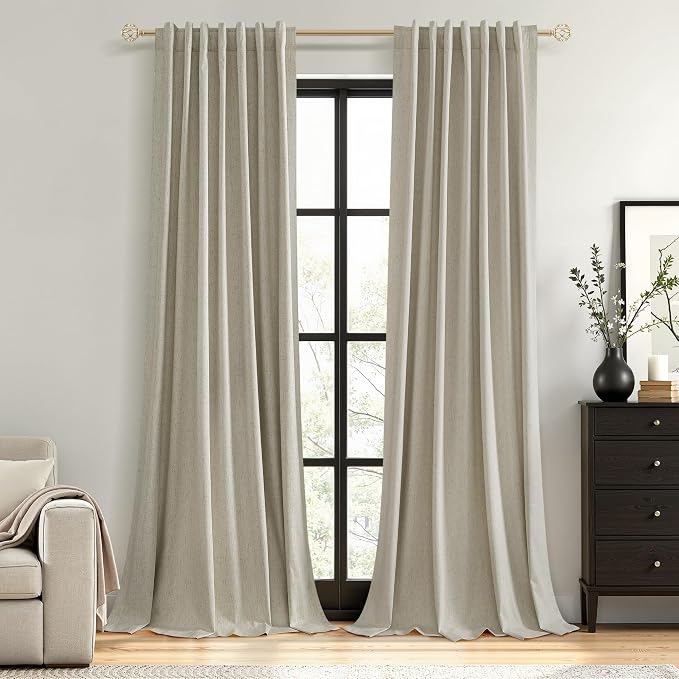 100% Blackout Linen Curtains for Bedroom 96 inches Long 8 FT, Thermal Insulated by Guken
