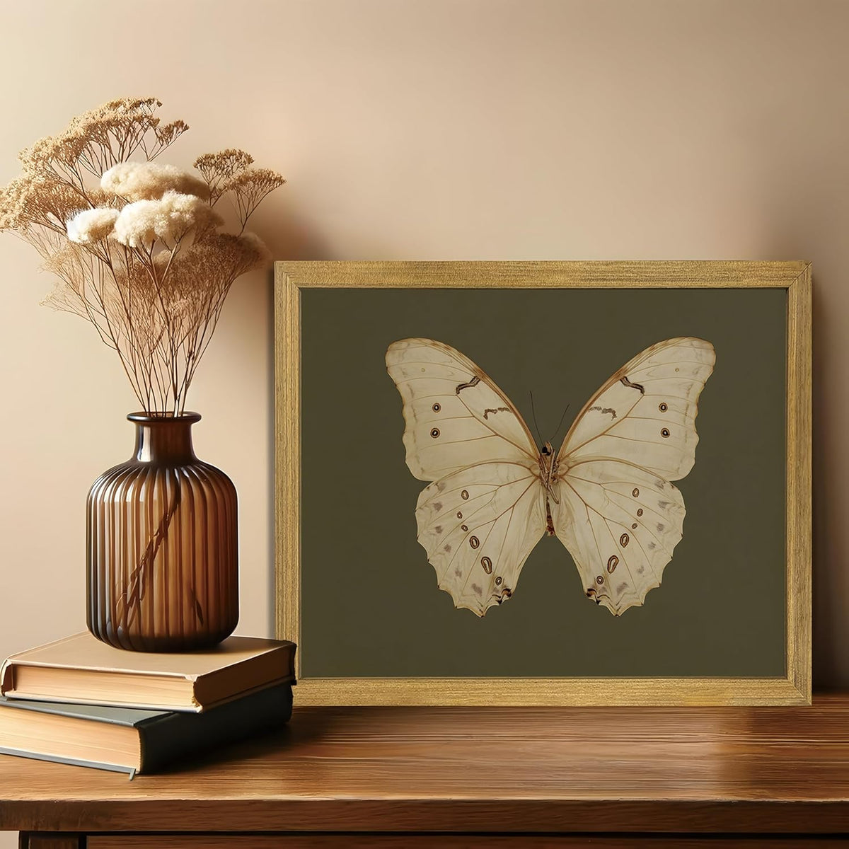 Wood Framed White Butterfly Wall Art, Vintage Butterfly Oil Paintings, Dark Moody Insect Canvas Prints, Boho Sage Green Wall Decor, for Bedroom Kitchen Bathroom Cottagecore Room Decor - 12x16 Inch