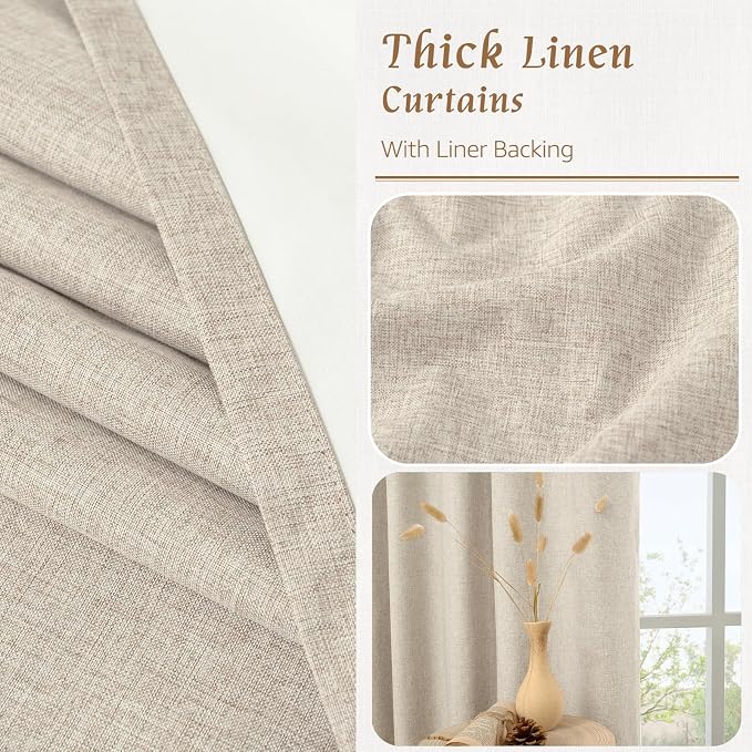 Oatmeal 100% Blackout Linen Curtains 63 Inch Length 2 Panels | Linen Textured - Image 8