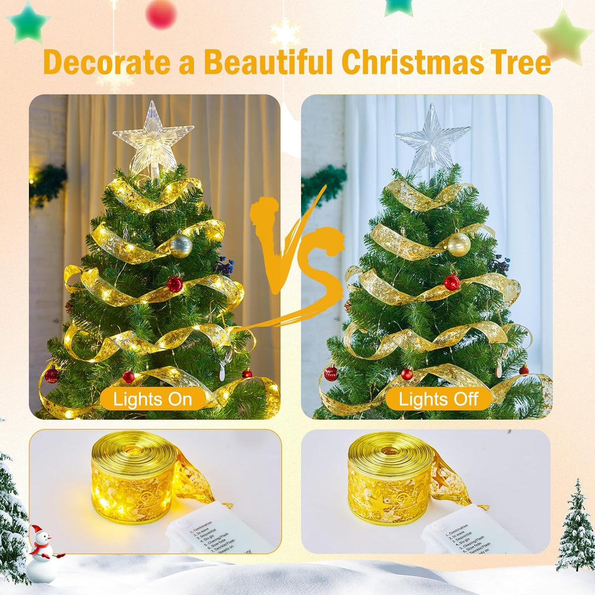 Minetom Christmas Tree Ribbon String Lights - 33ft 100 LED Battery Powered Fairy Lights with Timer