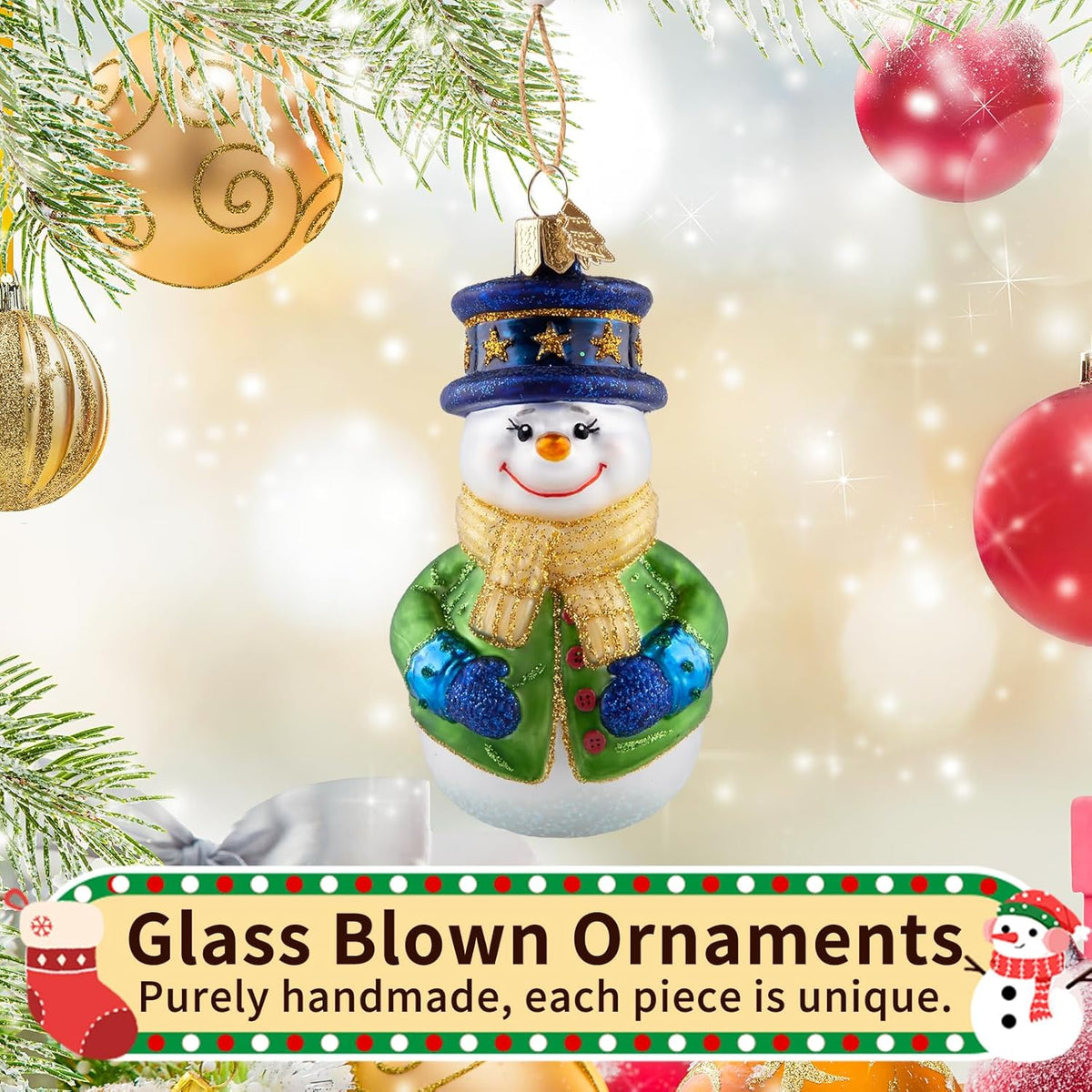 Snowman Christmas Ornaments,Blown Glass Ornaments for Christmas Tree,Star Hat Snowman Collection Figurine Hanging Ornament,Christmas Decorations for Xmas Tree Daily Holiday Party Gifts
