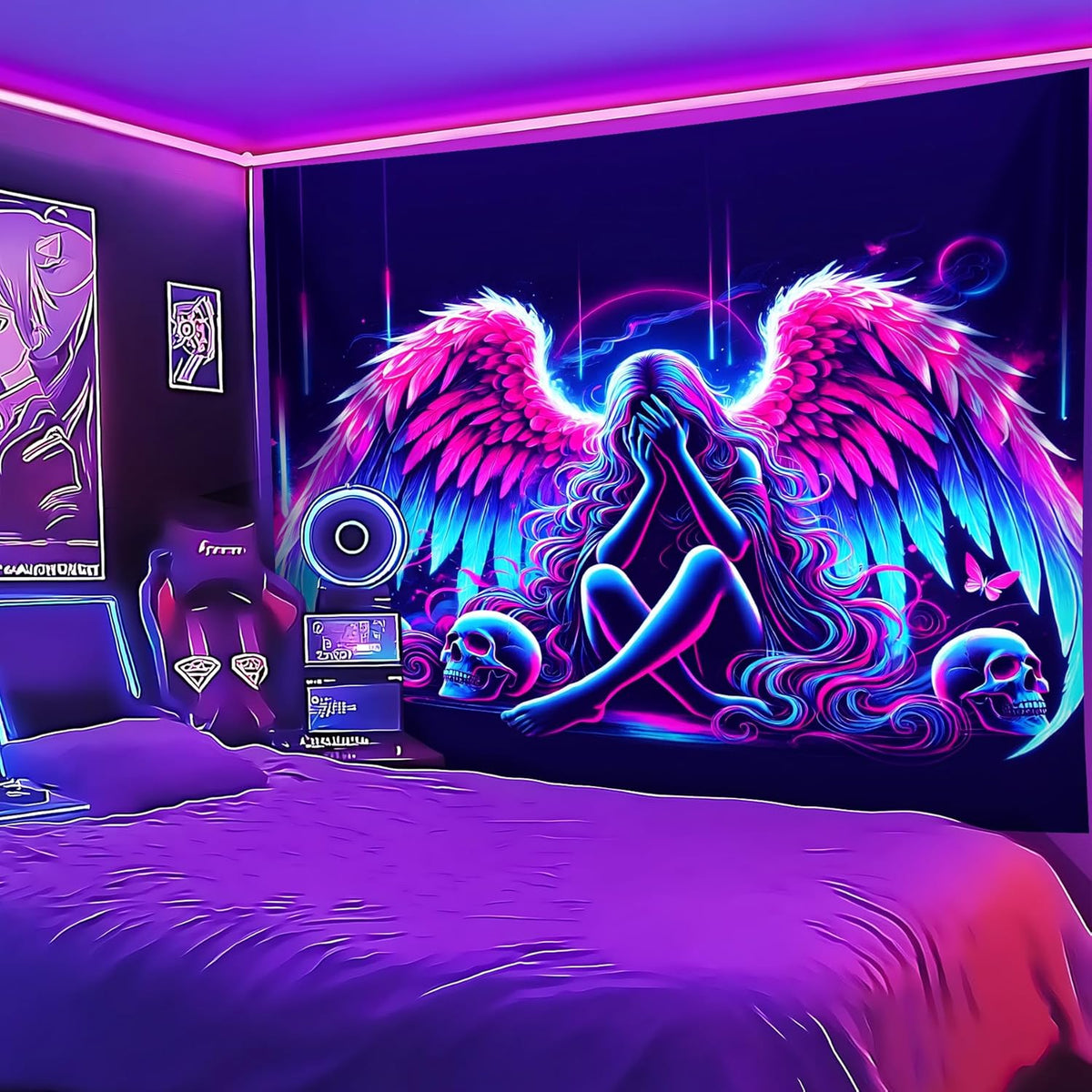 Blacklight Tapestry,WingTapestry Glow In The Dark,UV Reactive Black Light Upright Posters Wall Hanging for Bedroom Dorm Living Room Backdrop Decor (wing1, 79L" x 59W")