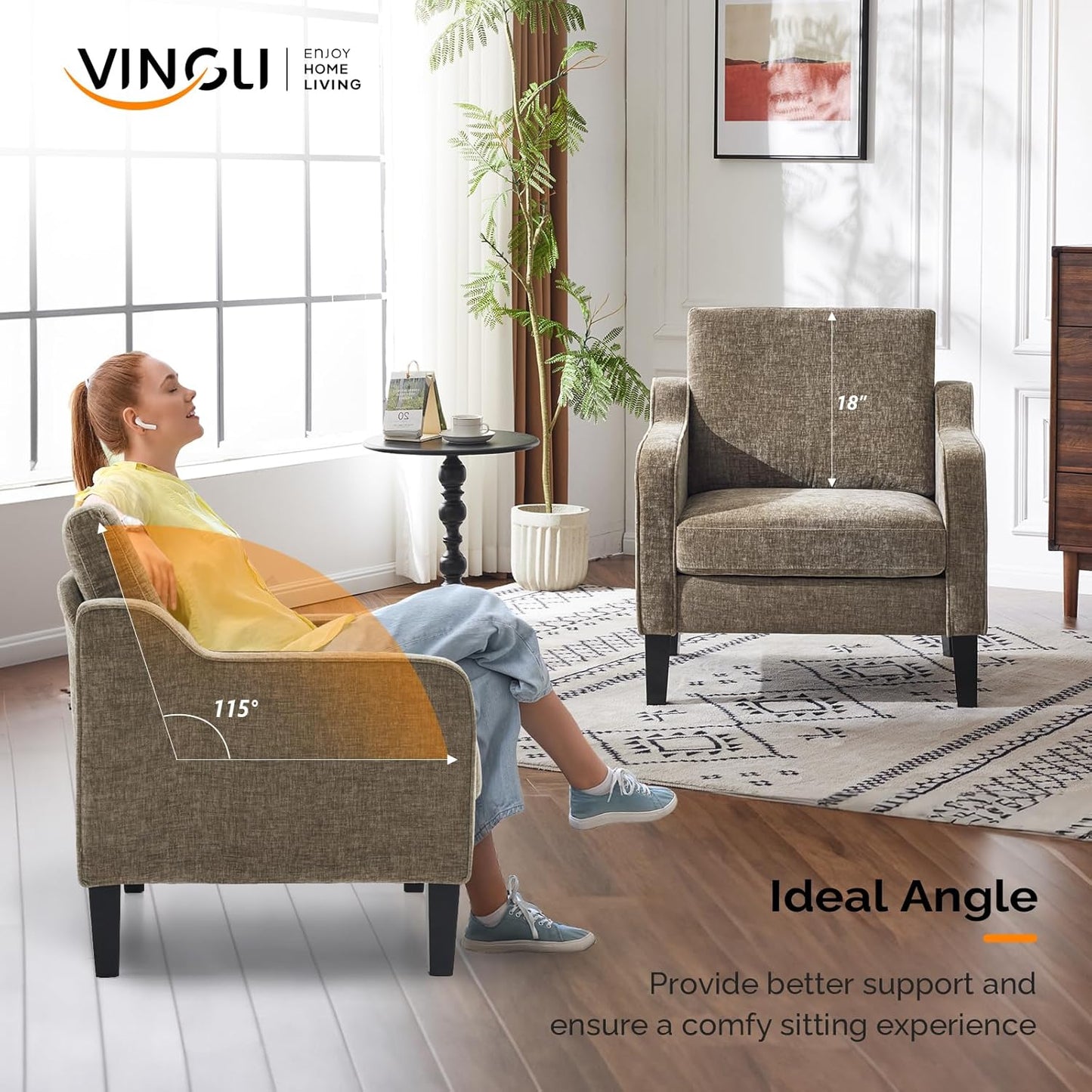 VINGLI Accent Chairs Set of 2 Living Room Chairs Light Brown Reading Chair for Bedroom Scooped Arm Chair Mid Century Modern Accent Chairs Upholstered Comfy Chair for Apartment, Waiting Room