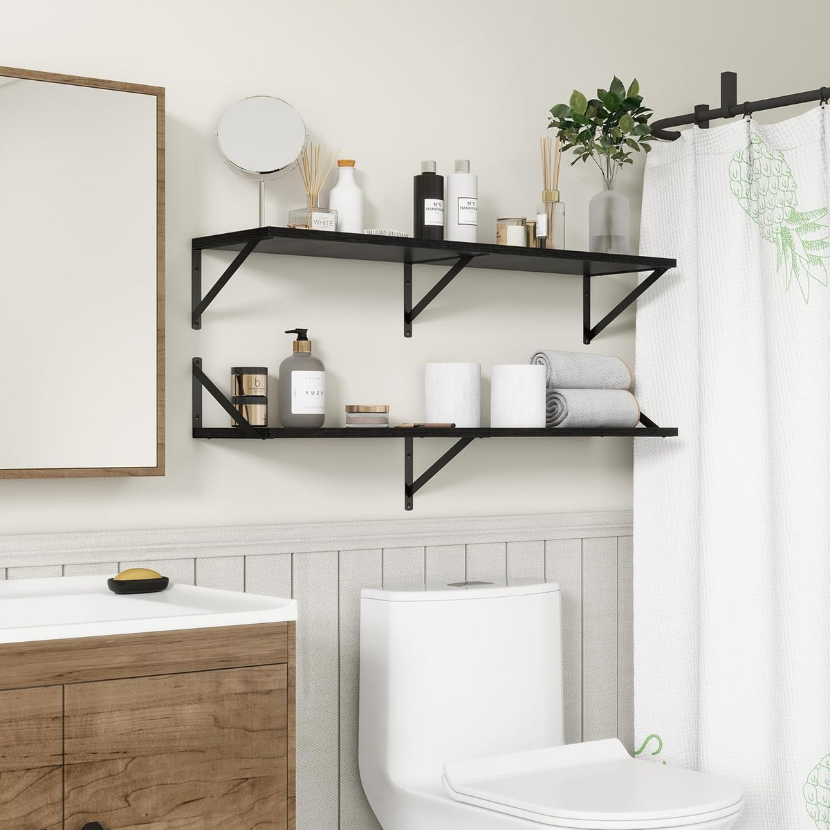 Fun Memories 40 Inch Floating Shelves, 10 Inch Deep Wall Shelf, 40 x 10 Floating Shelf Set of 2, Black Wood Floating Shelf Wall Mounted, Large Kitchen Living Room Bedroom Storage Shelves
