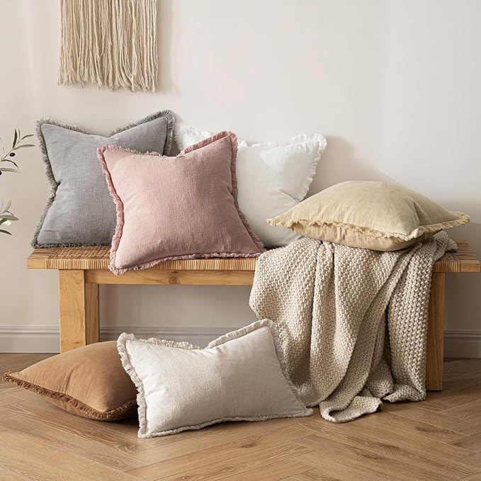 MIULEE Boho Linen Fringe Decorative Euro Throw Pillow Covers White 24x24 | Set - Image 2