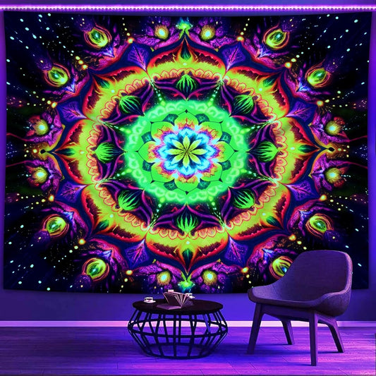 Blacklight Mandala Tapestry for Bedroom, Psychedelic Flower Black Light Posters for Adults and Teens, UV Reactive Aesthetic Bohemian Art Wall Hanging Decor Golden and Green (60 x 50 Inches)