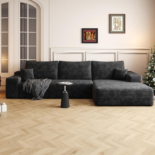108" Sectional Couches for Living Room Modern Modular Sofa with L-Shape Couchs Upholstered Boneless Couch Deep Seat Sectional Couch with Chaise (Black, Right Facing Chaise+2Seaters)