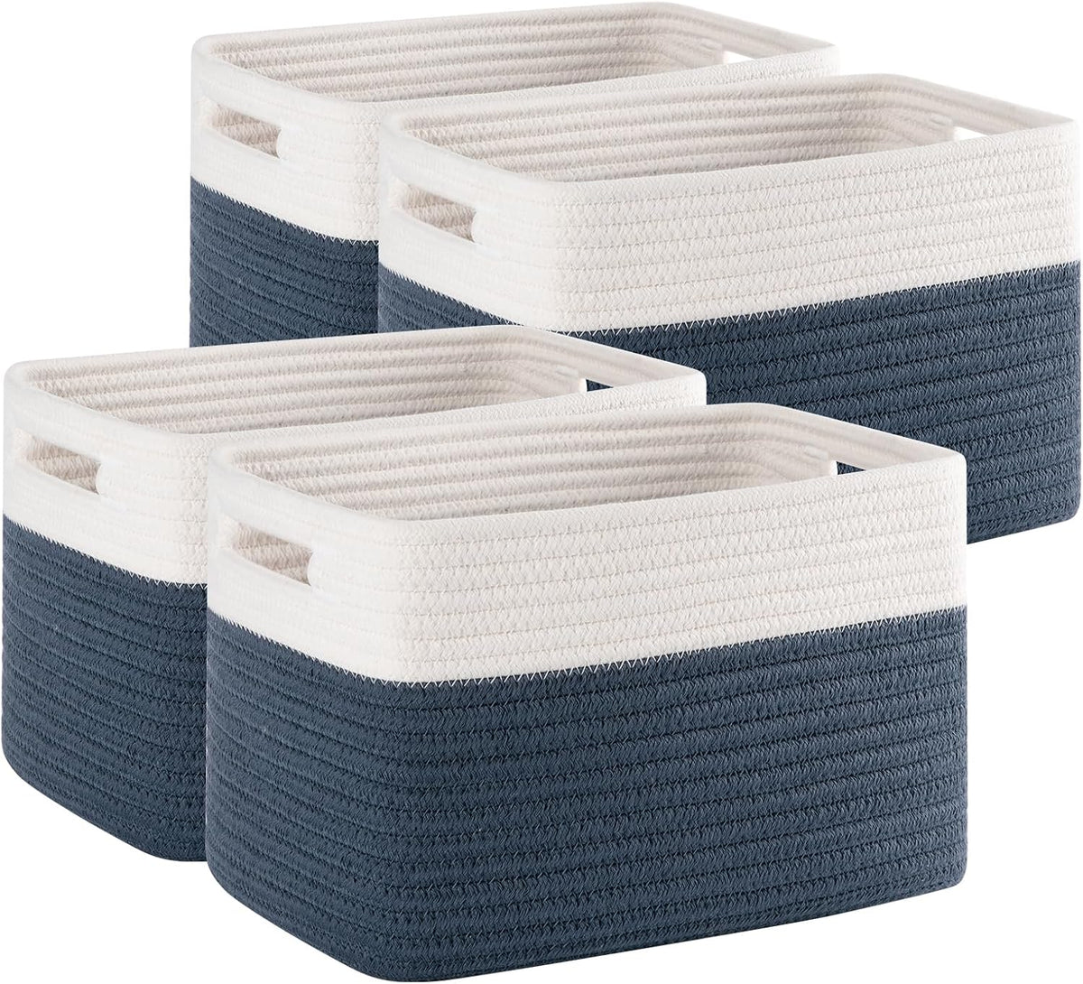 4 Pack Storage Baskets for Organizing, Woven Baskets for Shelves - Perfect for Toys, Books, Towels, and Clothes, Durable Gift Basket Bins Toy Storage, 12.7''L x9''W x7.8''H, Blue and White