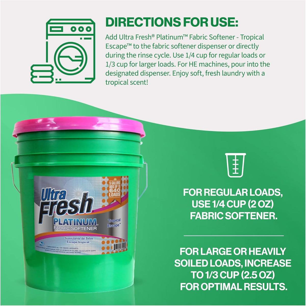 Ultra Fresh 5 Gallon Platinum Fabric Softener for All Machine Types, Liquid Laundry Softener, Up to 640 Loads, Tropical Escape
