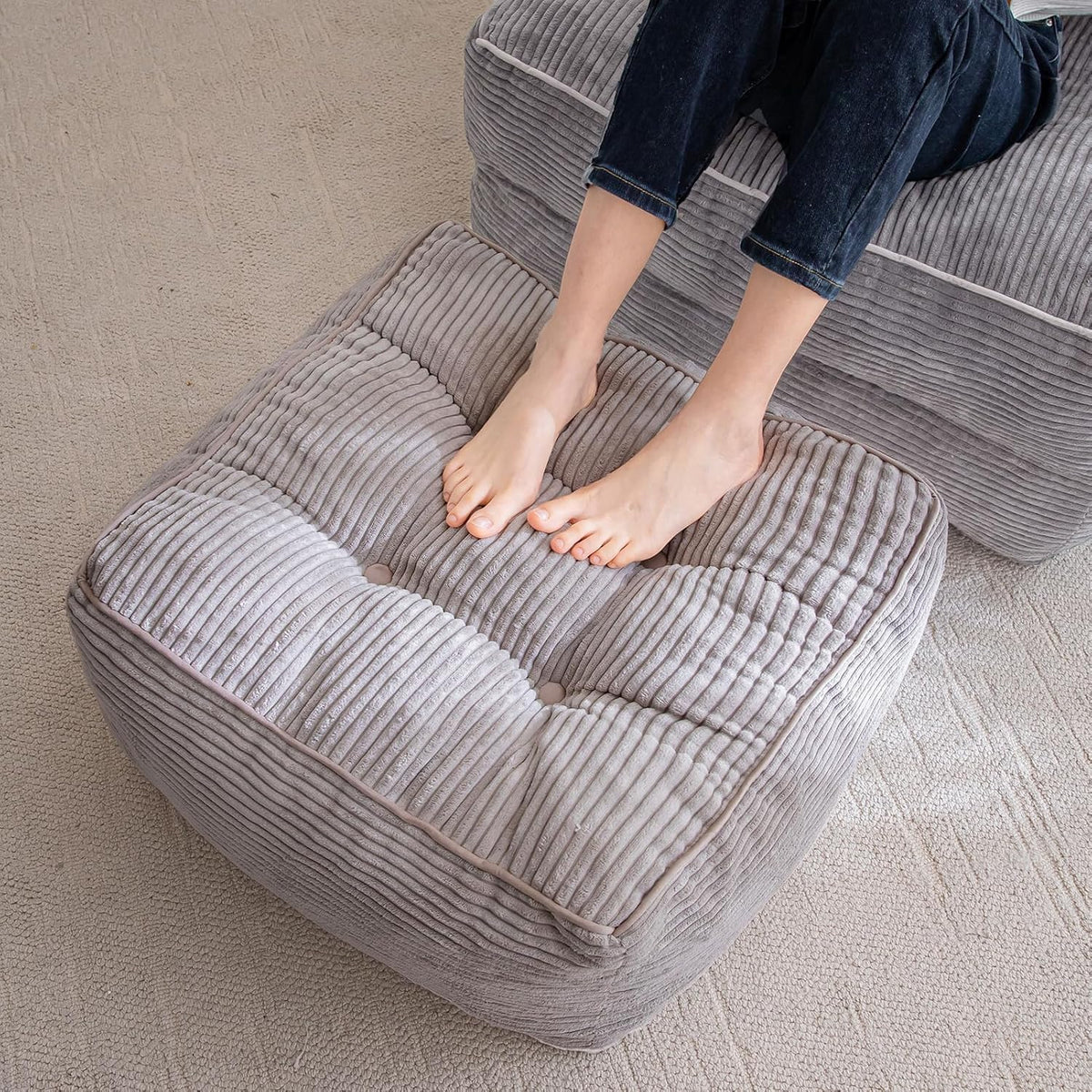 HIGOGOGO Square Stuffed Pouf Ottoman, Corduroy Poufs with Foam Chunk Filling, Furry and Fluffy Pouf Foot Stool Storage Ottoman, 25.6 X 25.6 Floor Poufs Foot Rest for Living Room, Grey