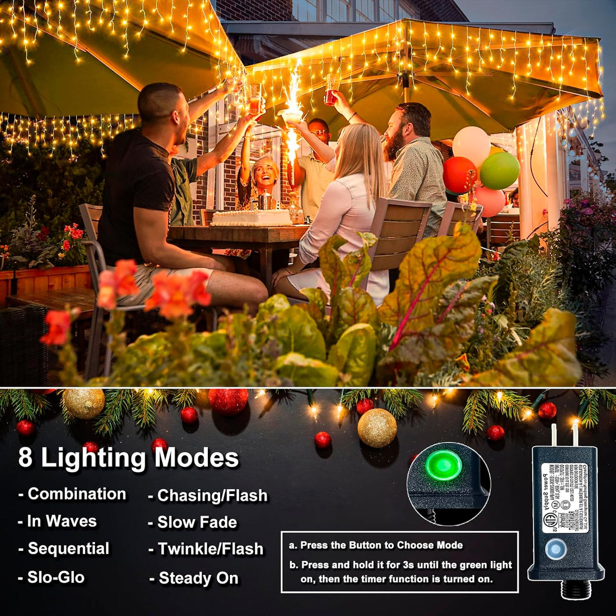 Icicle Christmas Lights, 98FT 1216 LED Icicle Lights for Outside with 228 Drops, 8 Modes Waterproof Twinkle String Lights for House Bedroom Wedding Holiday Decorations, Warm White