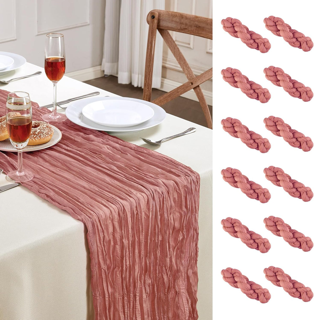 Cheesecloth Table Runner 10FT Long Boho Gauze Table Runner Rustic Sheer Runner for Wedding Bridal Baby Shower Birthday Party Table Decor Thanksgiving Christmas Decorations (12pcs, Rose)