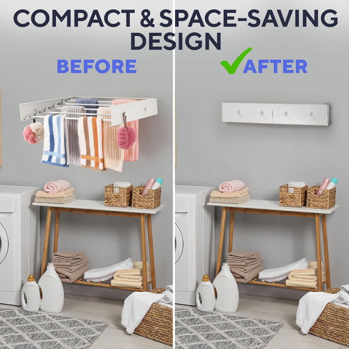 Foldable Wall Mounted Drying Rack 28 inch - Easy to Install Hanging Rack for Laundry Room - Space Saving Design with 55-lb Capacity - Perfect Drying Racks for Clothes Towels & More
