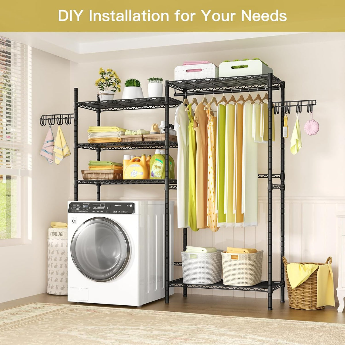 Ulif 65.3" W x 13.4" D x 77.5" H Clothes Drying Rack, 5 Tiers Over Washer and Dryer Laundry Room Storage and Organizer, Heavy-Duty Space Saver, Black