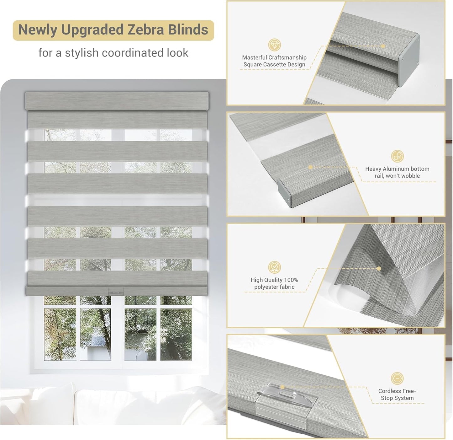 Cordless Zebra Blinds for Windows, Blackout Interior Blinds,Easy to Install,UV Protection,for Offices and Home,Custom Roller Shades, Mousse Light Grey,15" W x 64" H