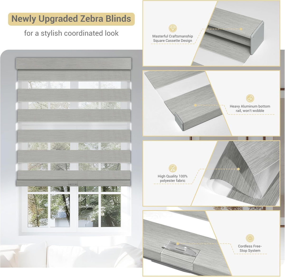 Cordless Zebra Blinds for Windows, Blackout Interior Blinds,Easy to Install,UV Protection,for Offices and Home,Custom Roller Shades, Mousse Light Grey,75" W x 72" H
