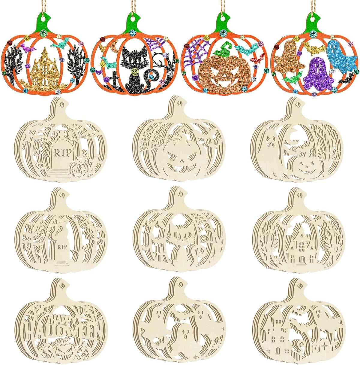 36PCS Wooden Pumpkins Ornaments to Paint Halloween Thanksgiving Decoration Cutouts Unfinished 3.5 inches, DIY Blank Unfinished Pumpkin Ornament for Home Harvest Crafts Hanging Autumn Decor（6Style）