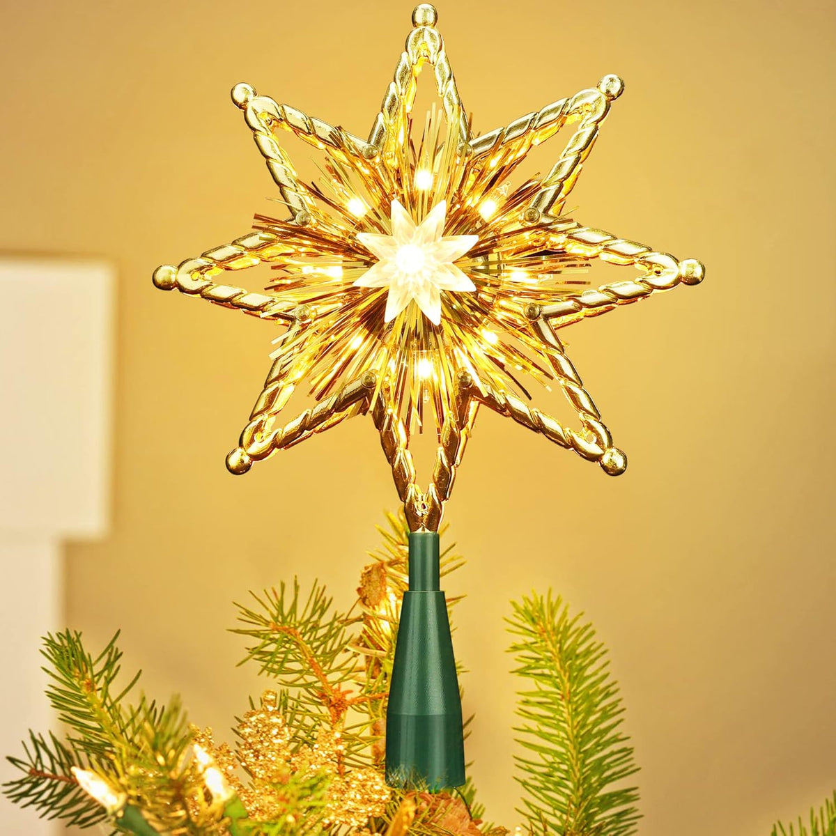 ODEETRONIC Christmas Star Tree Topper, 8 in 120V UL Certified Double Sided 8-Point Star Christmas Treetop Lights, Indoor Lighted Xmas Treetop for Bedroom Home Party Wedding Decor, Gold, Warm White