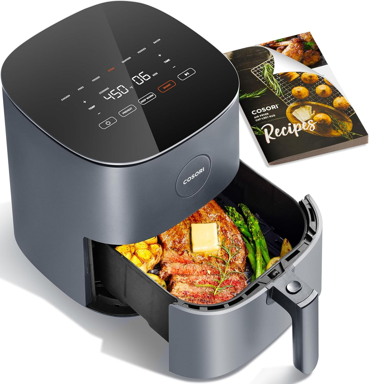 COSORI Air Fryer Pro 9-in-1, Compact 5QT, 450℉: Half Time & Chef-Grade Cook, One-Wipe Clean Glass Panel, 130+ In-App Recipes with Nutritional Info, Nonstick & Dishwasher-Safe Basket, Ceramic, Gray