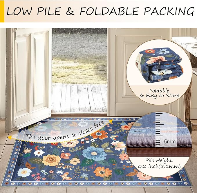 RELEANY Floral Washable 2x3 Area Rugs Doormat Blue/Grey | Flower Carpet Print - Image 5