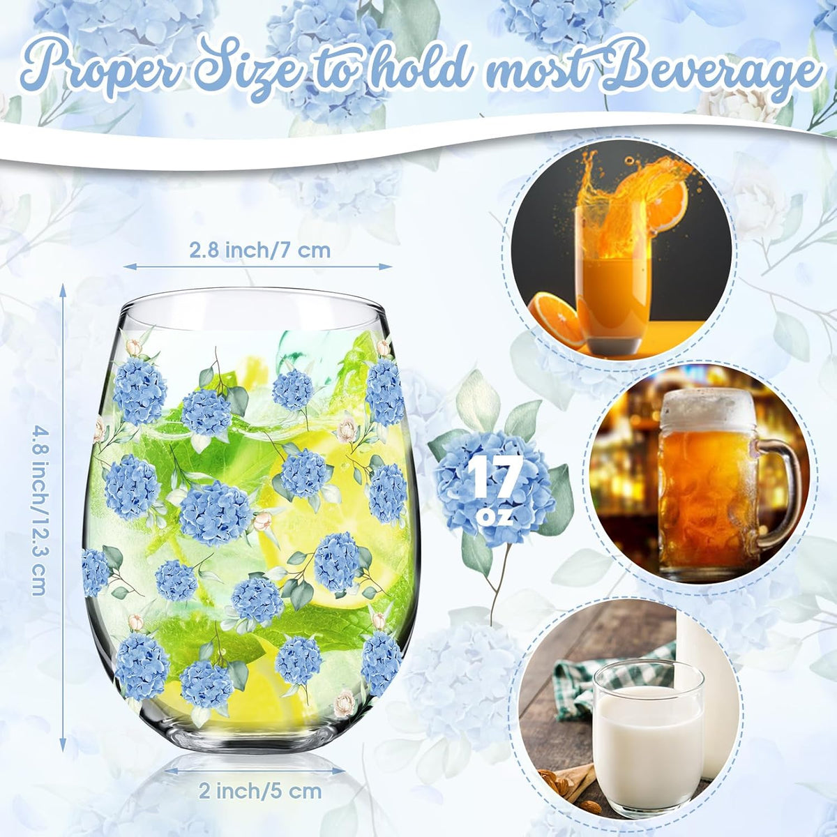 Sliner 2 Pack 17oz Hydrangea Stemless Wine Glasses Spring Summer Floral Drinking Glasses Hydrangea Tumbler Cups for Spring Summer Parties Supplies Birthday Gift