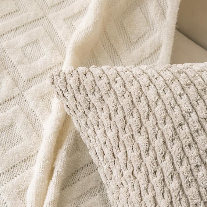 Set of 4 Navy White Taupe Decorative Throw Pillow Covers 16x16 Inch Corduroy - Image 6