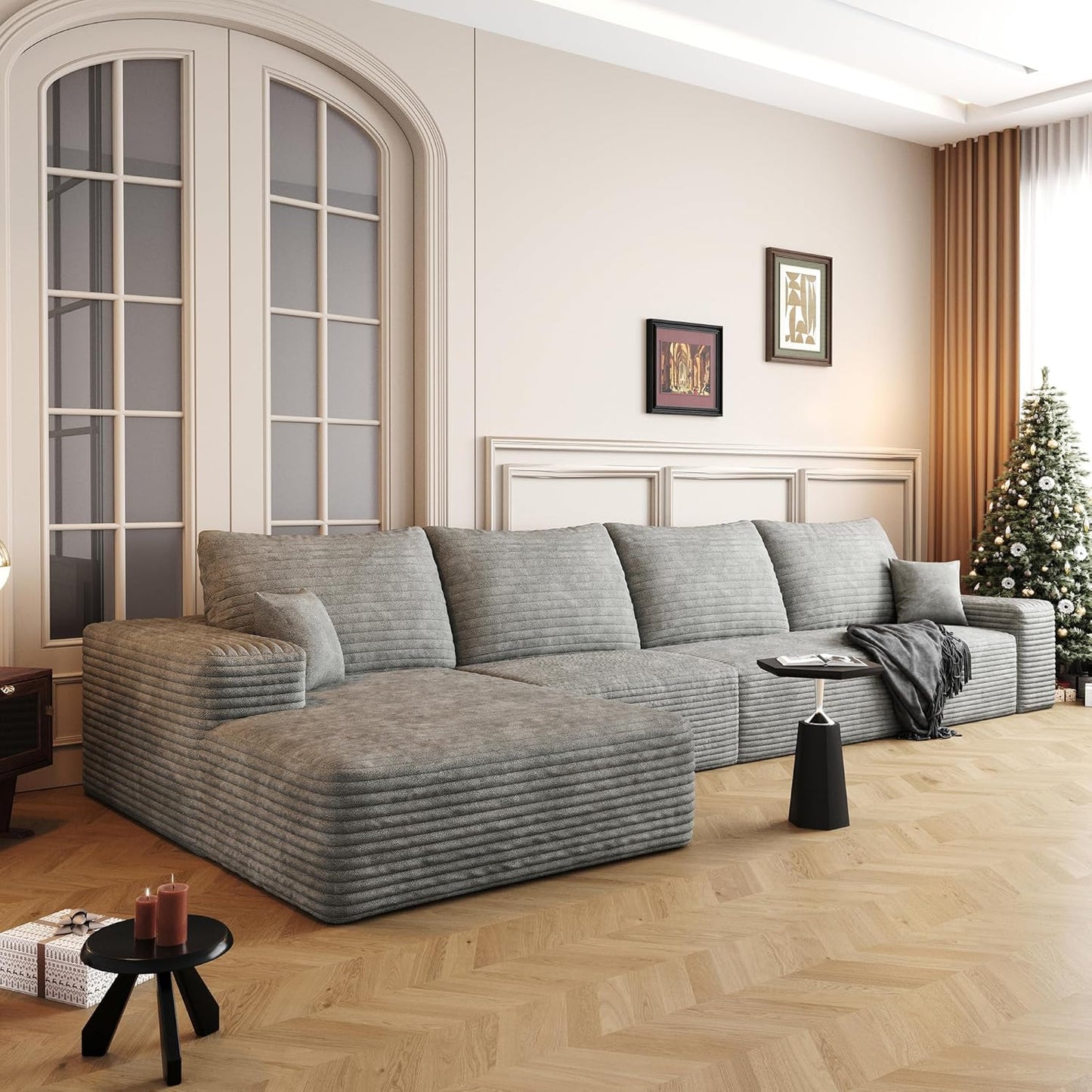 136" Sectional Couches for Living Room Modern Modular Sofa with L-Shape Couchs Upholstered Boneless Couch Deep Seat Sectional Couch with Chaise (Grey, Left Facing Chaise+3Seaters)