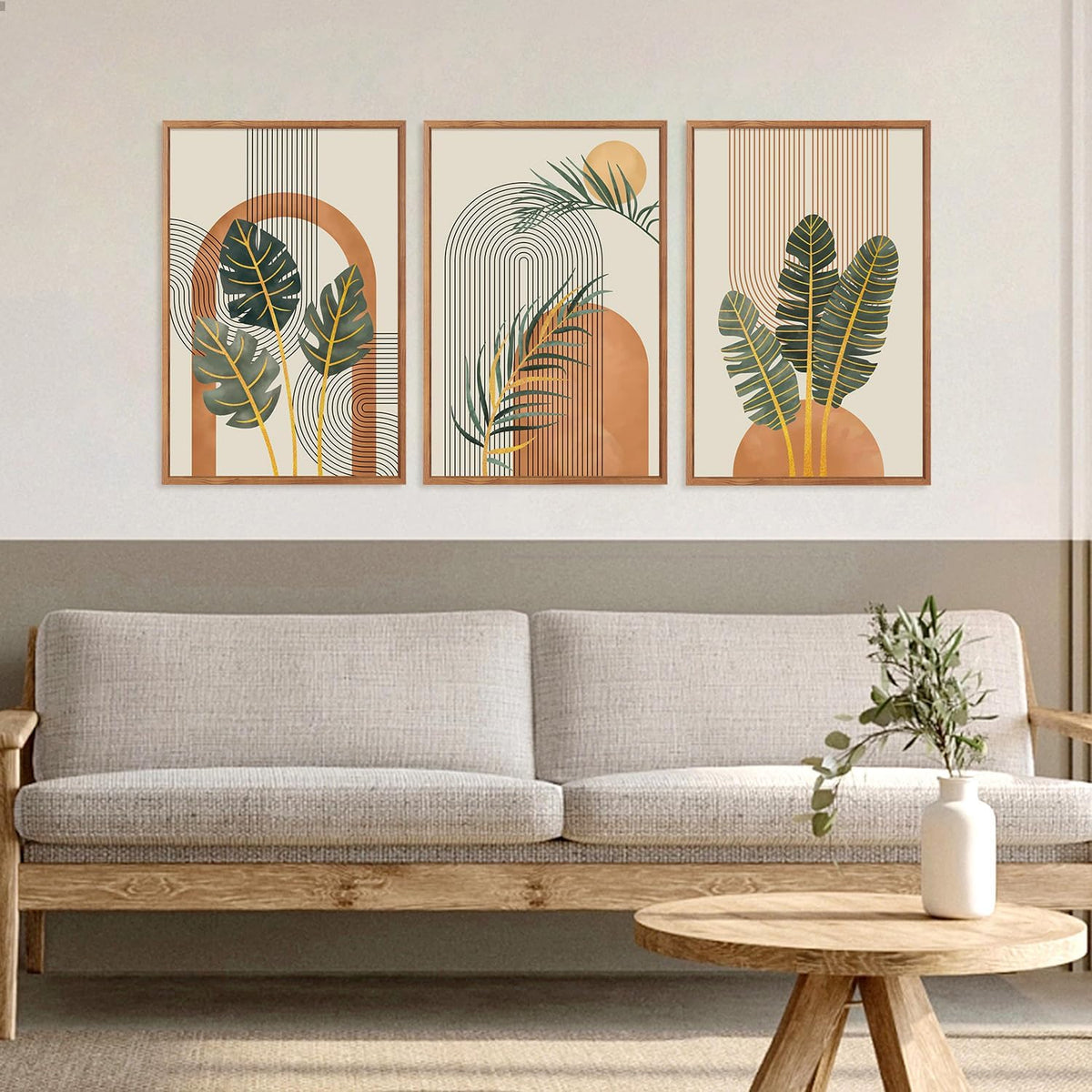 KAIRNE Boho Canvas Wall Art,Abstract Minimalist Room Decor,Tropical Botanical Wall Decor,Mid-Century Geometric Illustrations Set of 3(16”X24”),Botanical Print for Living Room Bedroom Dining Room Decor