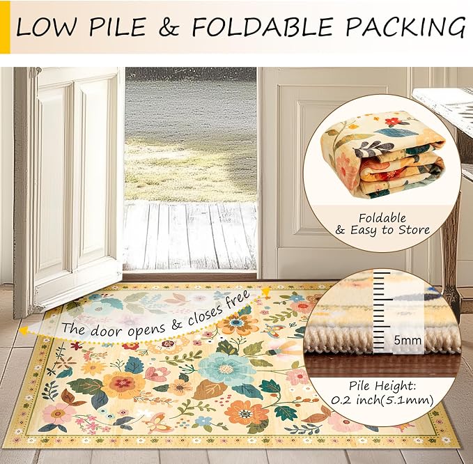 RELEANY Floral Washable 2x3 Area Rugs Doormat Ivory/Yellow | Flower Carpet - Image 4
