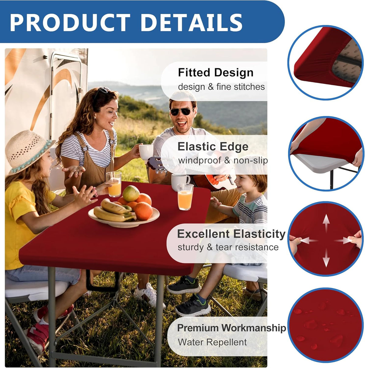Fitted Tablecloth for 6 Foot Rectangle Tables-4 Pack Red Elastic Outdoor Picnic Table Cover-Spandex Stretch Folding Table Cloths 6 ft for Camping Dining Room Patio Kitchen Banquet Party