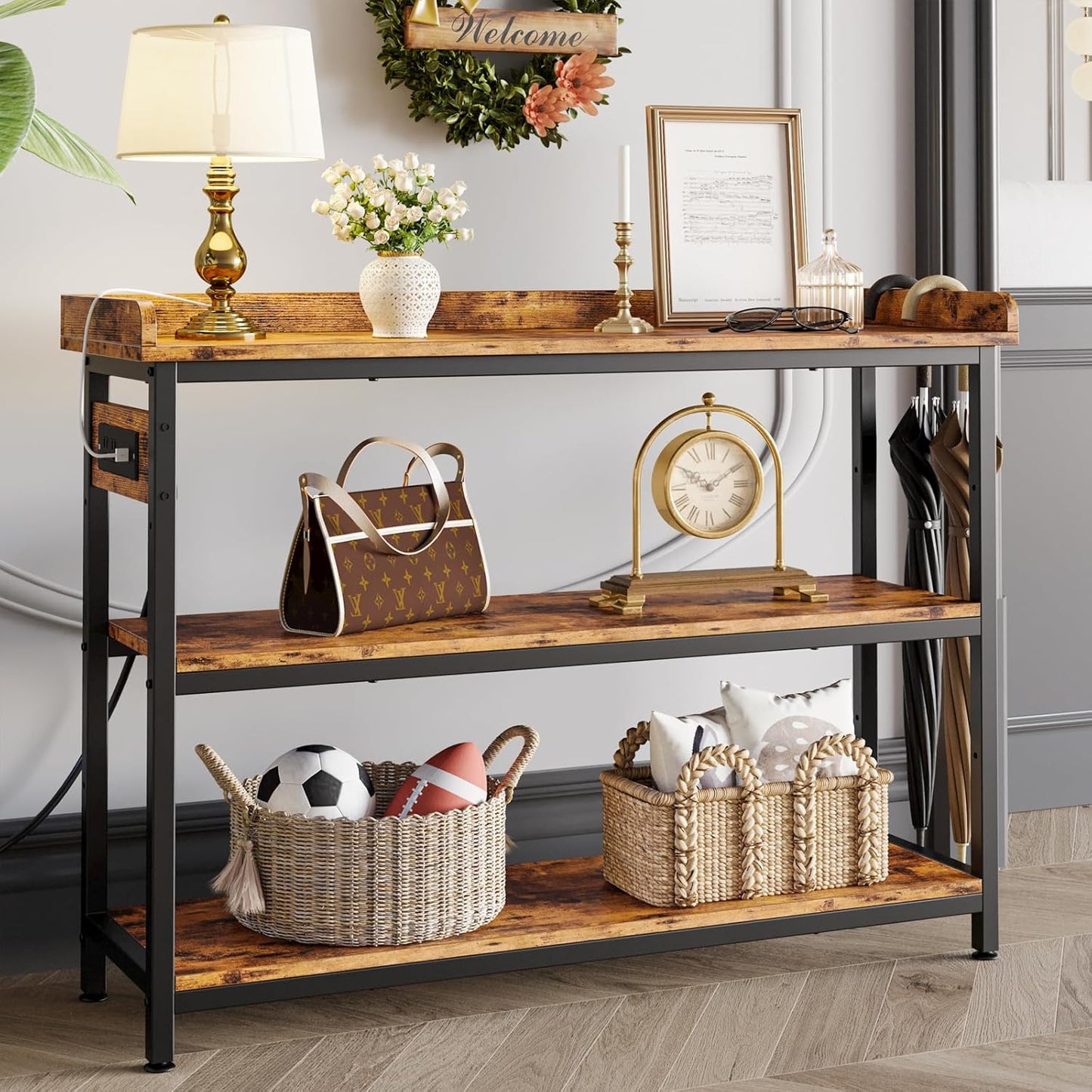 IRONCK Console Table, Sofa Table with Power Outlet, Farmhouse Hallway Table for Entryway, Living Room, Height Adjustable, Easy Assembly, Rustic Brown, 43"