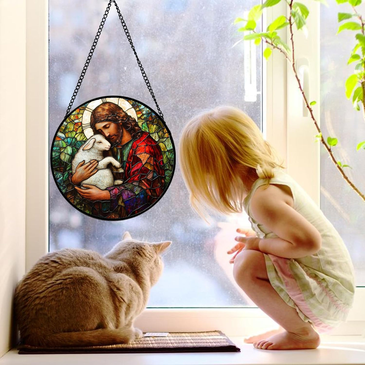 Stained Glass Window Hanging, Jesus Little Lamb Sun Catchers Colorful Glass Panel Christianity Suncatcher Decor for Birthday for Women, Men, Wife, Aunt, and Mom 11.8x11.8 in