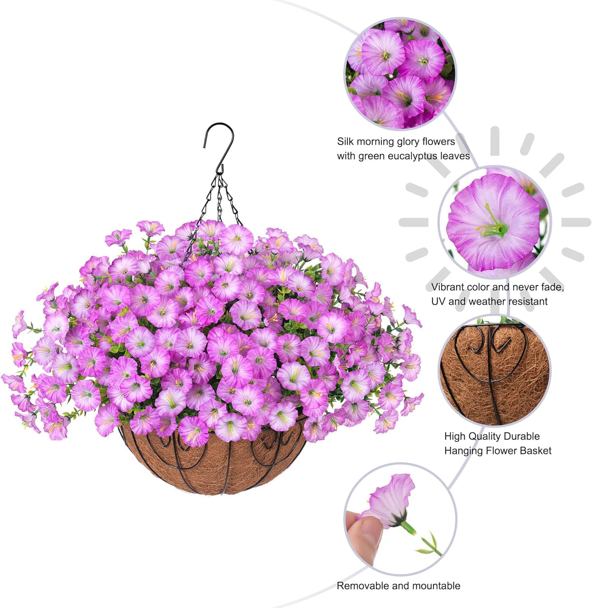 Artificial Faux Hanging Plants Flowers Basket for Outdoor Outside Spring Summer Decoration, Silk Purple Morning Glory in Planter UV Resistant Look Real Fake Flowers for Porch Patio Balcony Home Yard