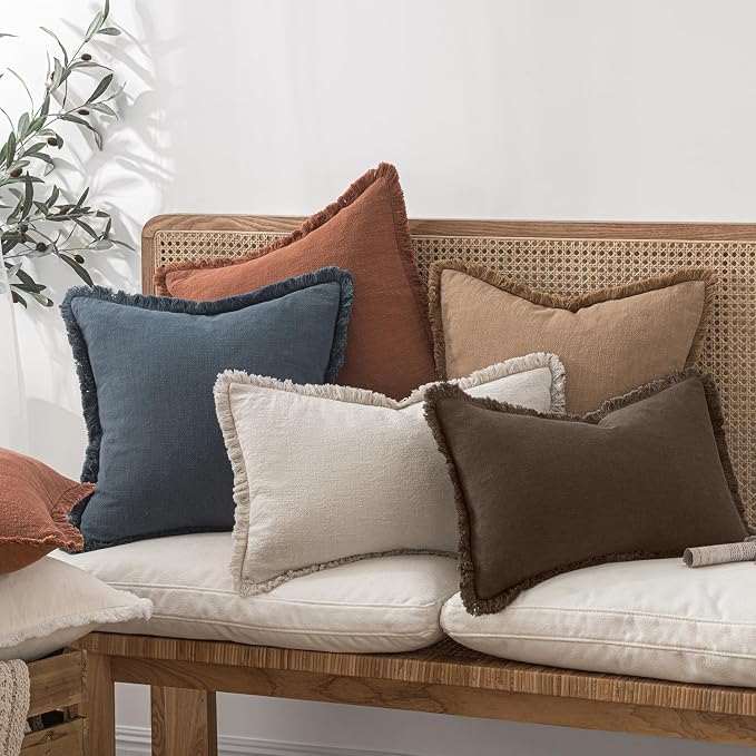 MIULEE Boho Linen Fringe Decorative Fall Pillow Covers Reddish Brown 16x16 | - Image 7