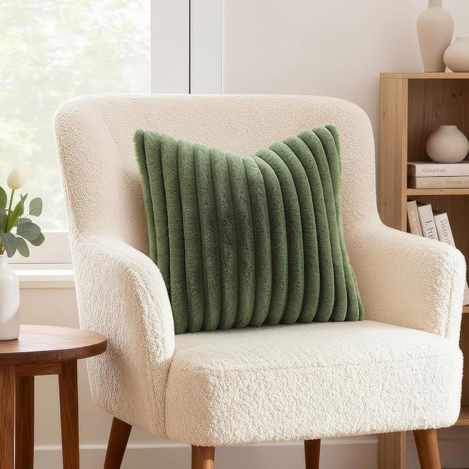 decorUhome Fall Faux Fur Throw Pillow Covers 24x24 Set of 2 Olive Green | - Image 2