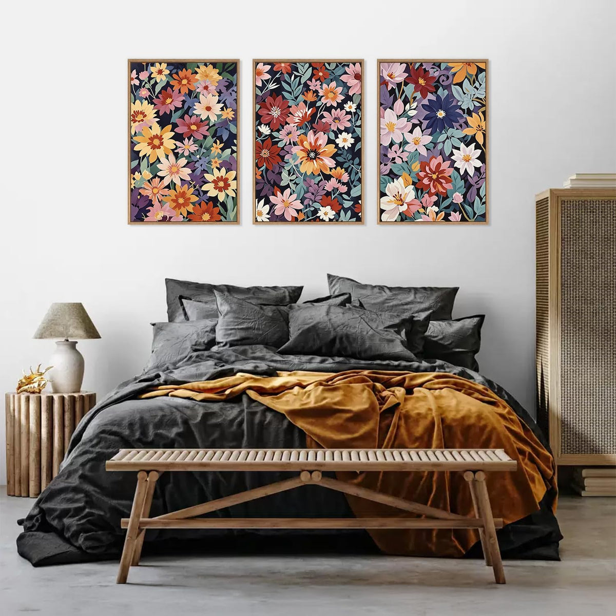 HLNIUC Boho Floral Framed Canvas Wall Art,Colorful Wildflower Landscape Wall Decor Set of 3(16”x24”)Rustic Bohemian Style Flower Art Print,Modern Botanical Floral Wall Painting for Living Room Bedroom