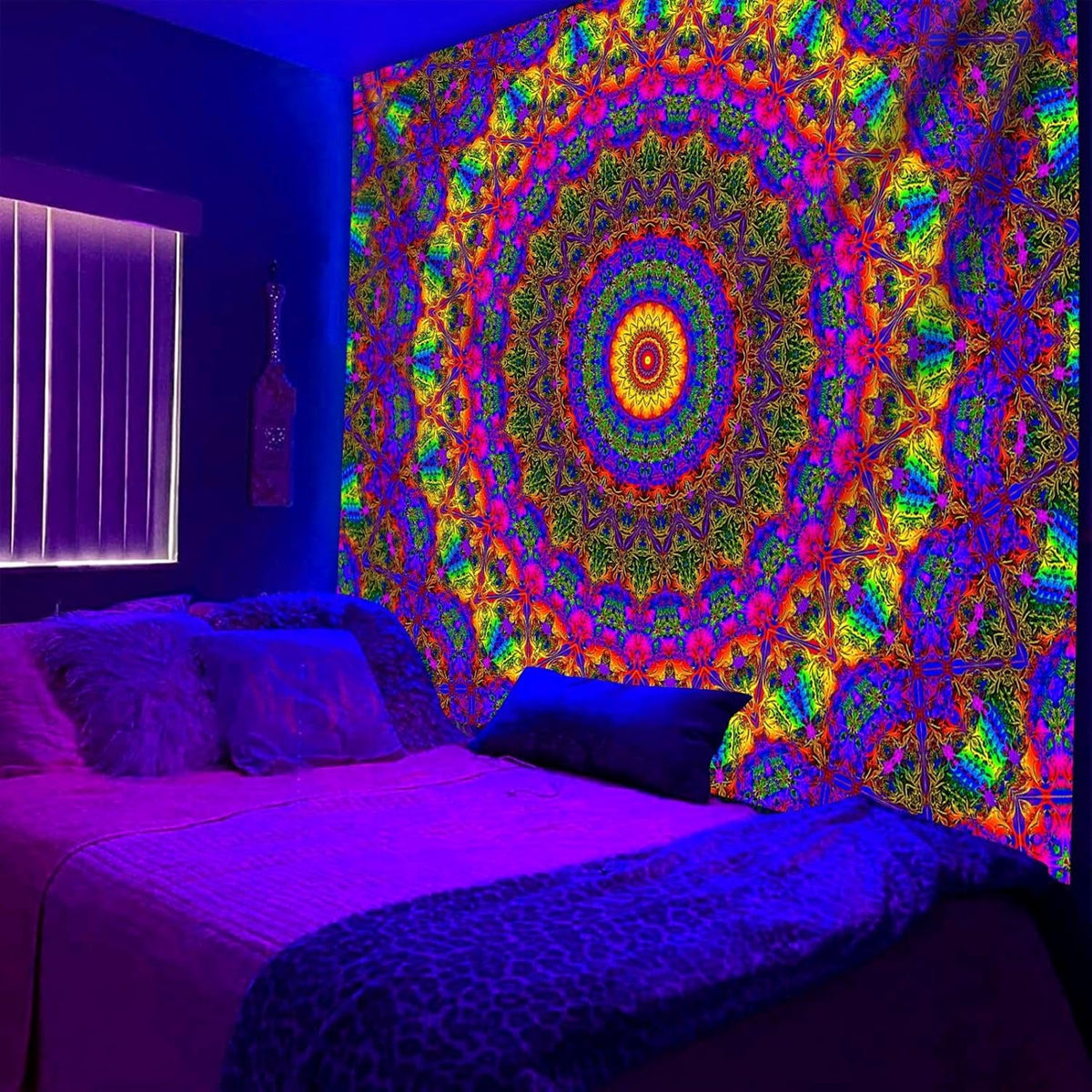 PSYHILAR Blacklight Mandala Boho Tapestry, Black Light Bohemian Hippie Poster for Adults and Teens, Aesthetic Colorful UV Reactive Wall Art Decor for Bedroom (90 x 70 Inches)