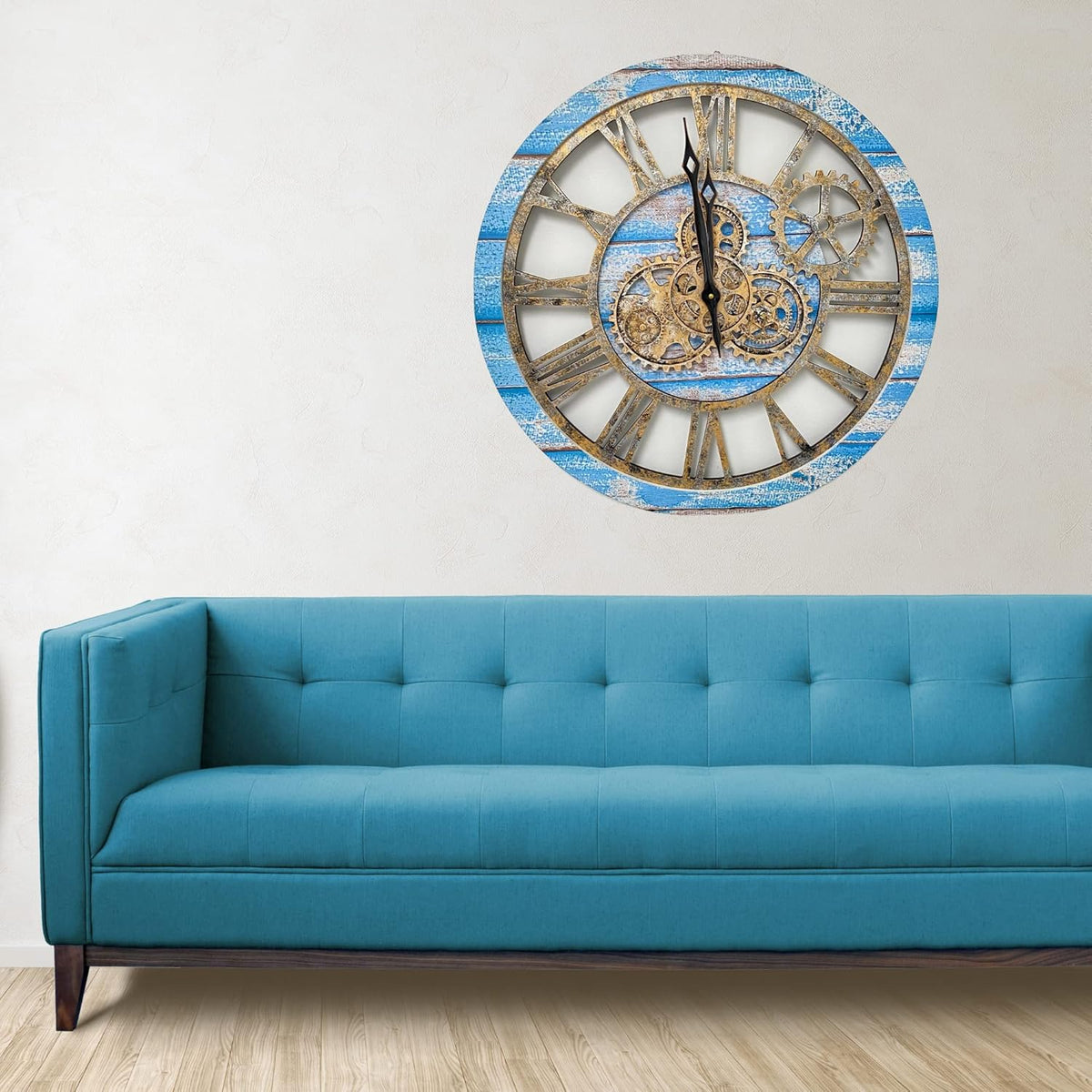 The Gears Clock The Original Real Moving Gear Wall Clock Vintage Industrial Oversized Rustic Farmhouse (24 inch (60cm), Vintage Ocean Blue and Bronze)