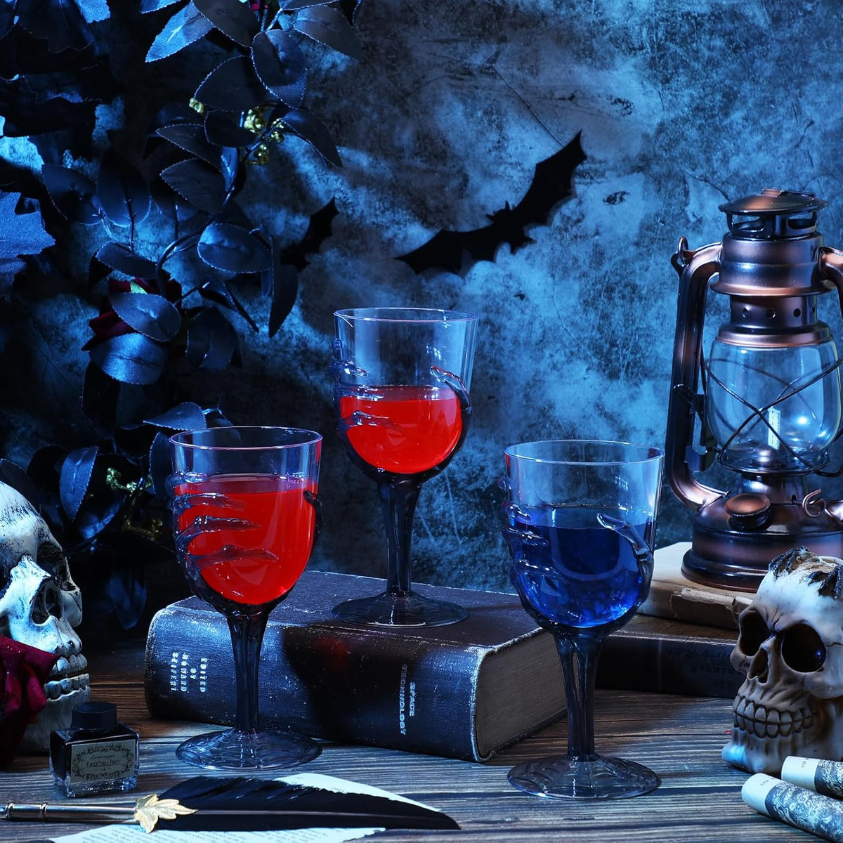 Dandat 12 Pcs Halloween Skeleton Hand Goblets 12oz Clear Plastic Halloween Cups Skull Wine Glass Set for Creepy Spooky Party Decorations (Black)